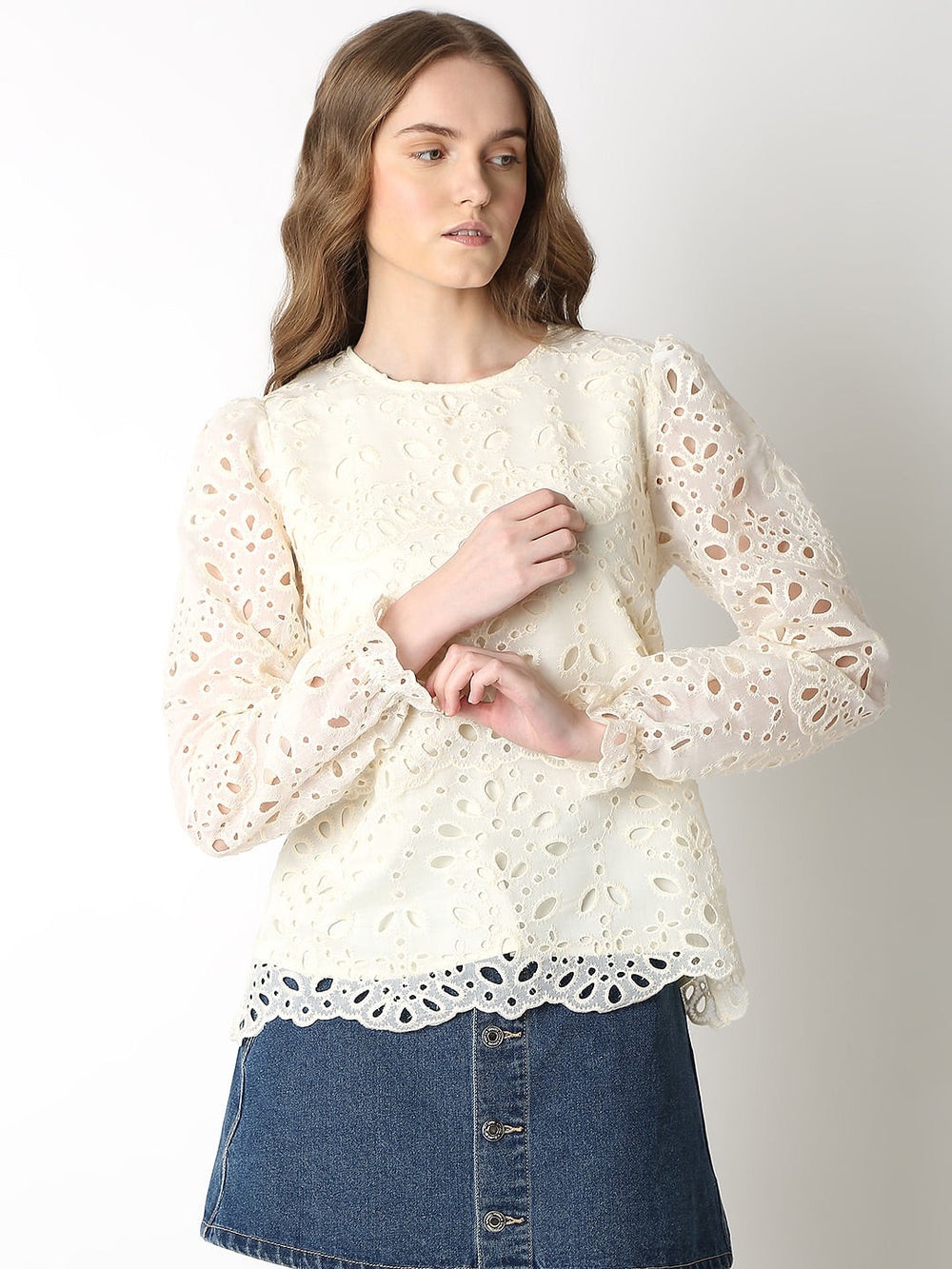 Vera Moda Women's Cream Eyelet Lace Puff-Sleeve Blouse